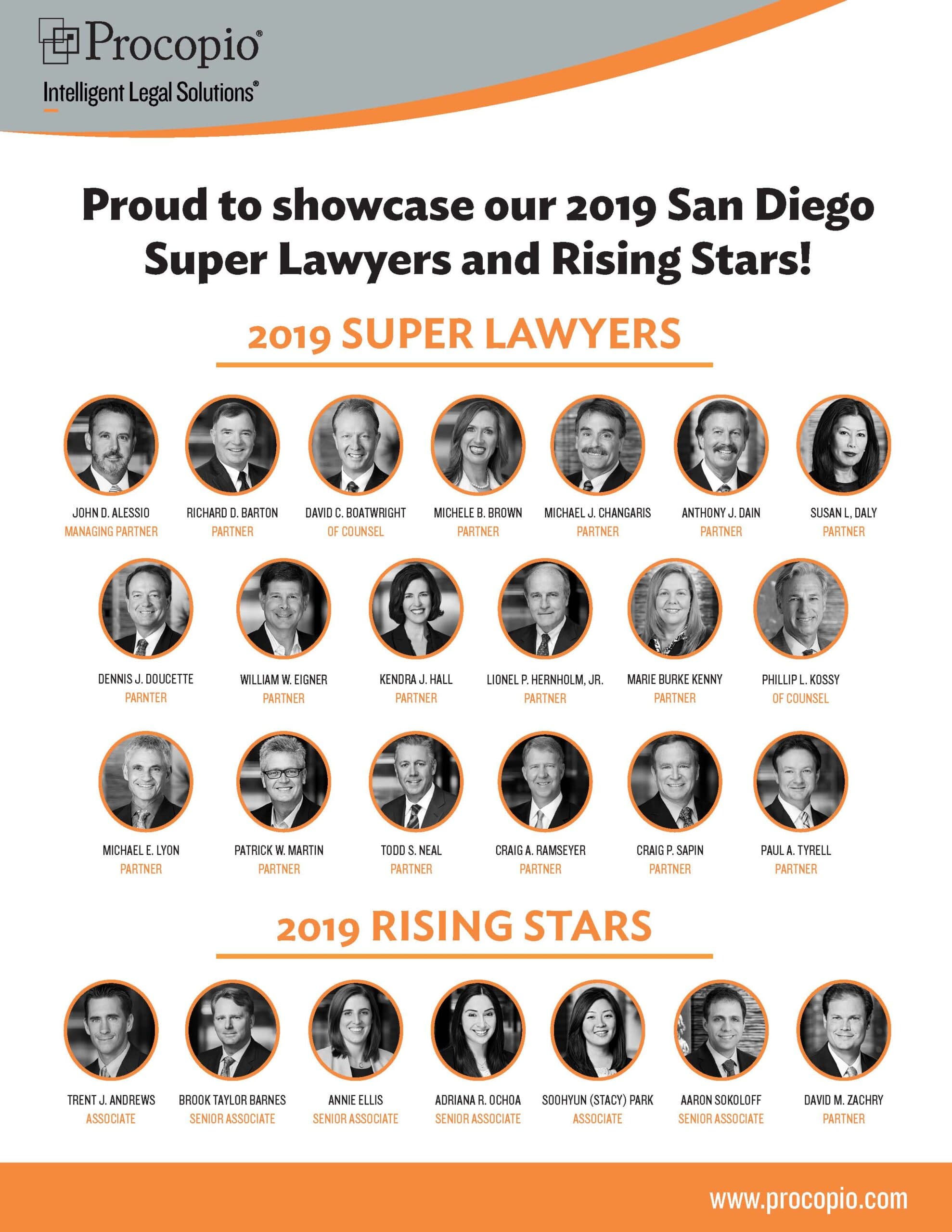 26 Procopio Attorneys Named 2019 San Diego Super Lawyers and Rising Stars